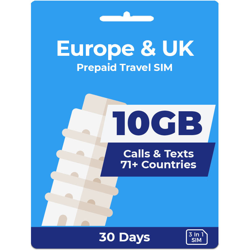 Travel SIM Card For Europe Valid For 30 Day 10GB Data   Eu10 